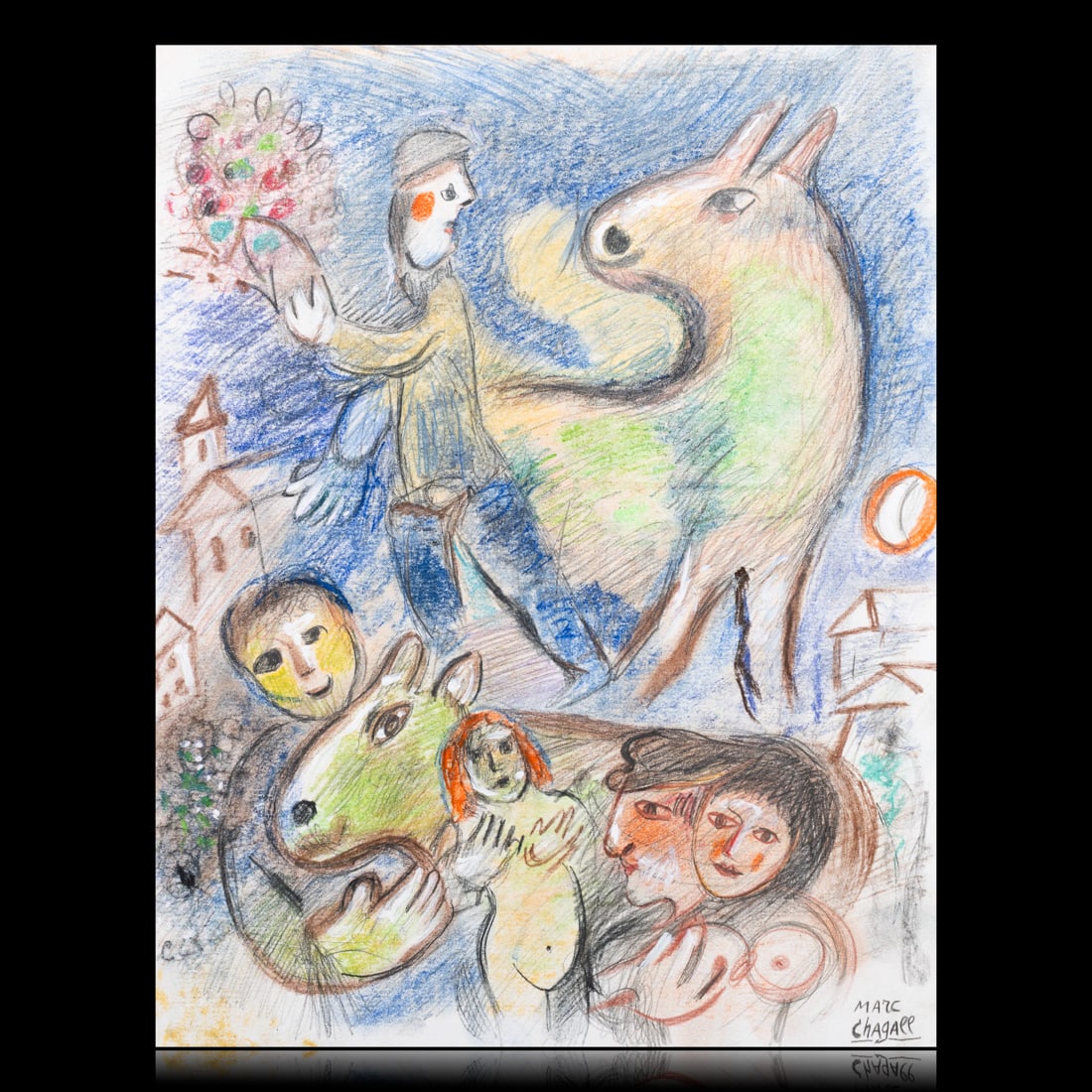 Marc Chagall Mixed Media Attributed Drawing: Description: We are delighted to offer a remarkable piece of art attributed to the renowned Marc Chagall, embodying his characteristic dreamlike quality and vibrant narrative style. This mixed media d