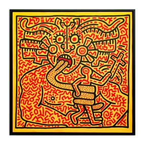 Keith Haring Attributed Oil Painting – Yellow and Red Maze Designs