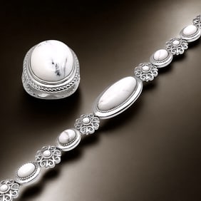 Luxurious White Buffalo Silver Set: Bracelet (7.75") & Ring (6)