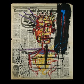 Jean-Michel Basquiat Painting on Newspaper – "Man with Red-Orange-Yellow Face" Attributed