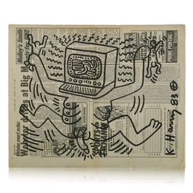 Keith Haring Newspaper Marker Art – "Computer-Headed Figure" Attributed