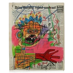 Jean-Michel Basquiat Painting on Newspaper – "Colorful Face and Red Hand" Attributed