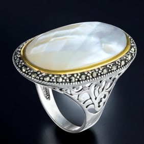14K Gold & Sterling Silver Mother-of-Pearl Marcasite Ring – Size 9
