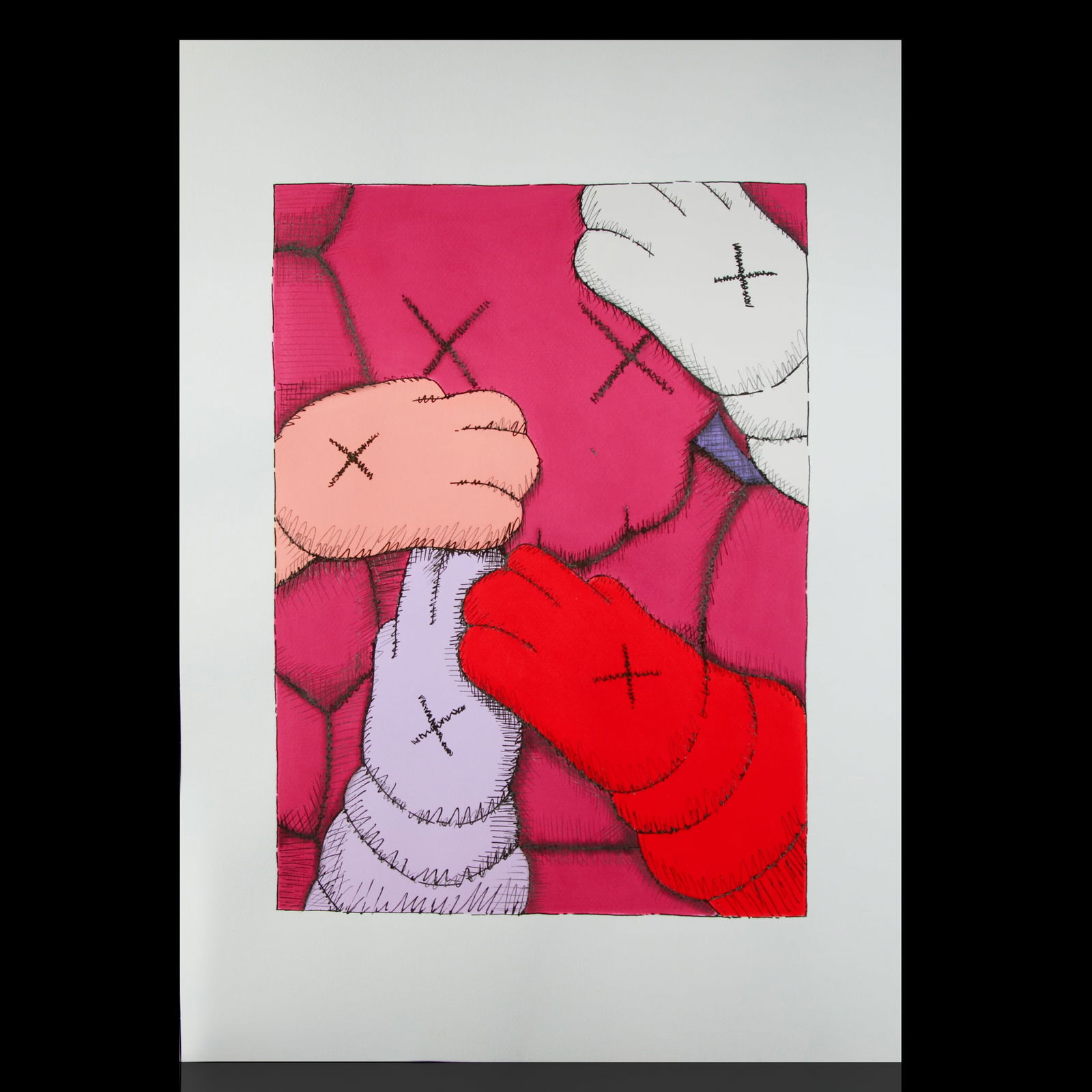 KAWS Painting – "Hands on Pink" Attributed: Description: We are excited to present an intriguing piece of contemporary art attributed to the renowned artist KAWS. This dynamic painting, with dimensions of 16.5 x 12 inches for the entire item an