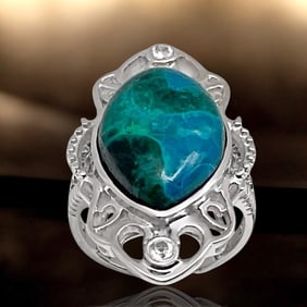 Vibrant Marquise Chrysocolla Ring with Topaz – Size 6