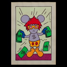 Keith Haring Painting on Paper – "Andy Mouse with USD Tattoo" Attributed