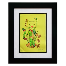 Romero Britto Mixed Media Art – "Hashtag Cat with Bowtie" Attributed