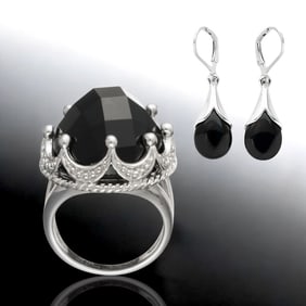 Sterling Silver Combo Collection- Black Agate Ring & Black Onyx Earrings