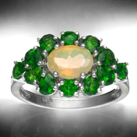 Regal Ethiopian Opal & Chrome Diopside Sterling Silver Ring - Size 8