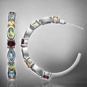 Sterling Silver Hoops with Citrine, Topaz, Peridot & Garnet