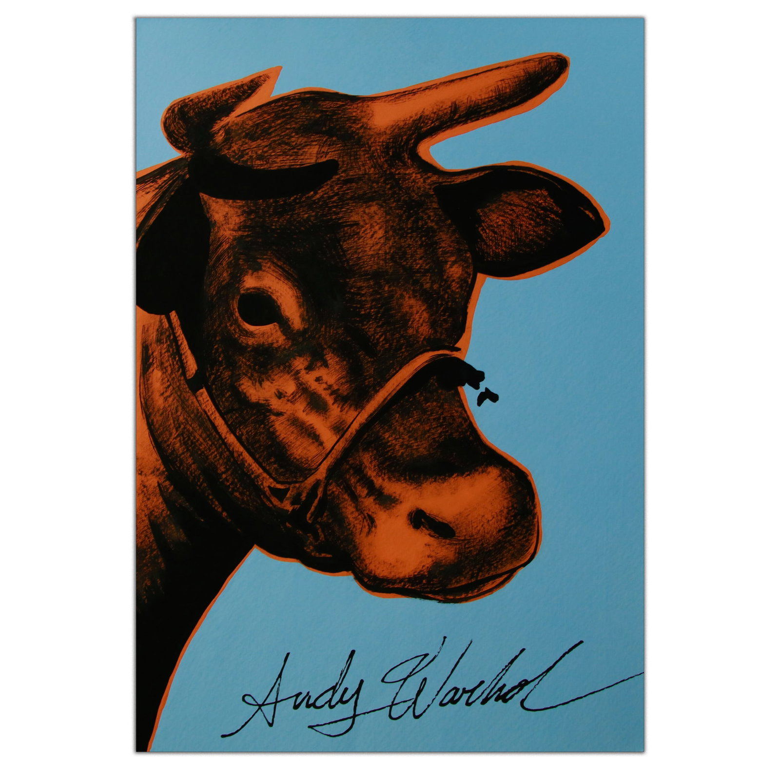 Andy Warhol Style – "Cow/Bull on Light Blue": Description: We are pleased to offer an engaging reproduction crafted in the style of the influential artist Andy Warhol, recognized for his iconic contributions to the Pop Art movement. This piece me