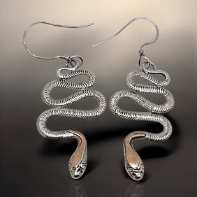 Stunning Snake Dangle Earrings Two-tone Sterling Silver