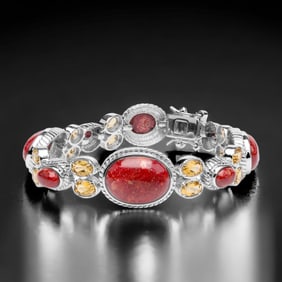 Lavish Red Coral Sterling Silver Bracelet with 2.94ct Citrine