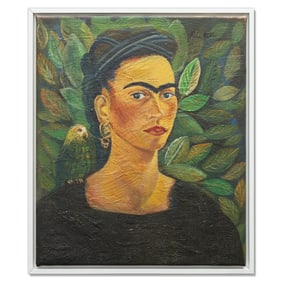 Frida Kahlo Oil on Canvas "Self-Portrait with Parrot" 22 x 18.5 (attrib)