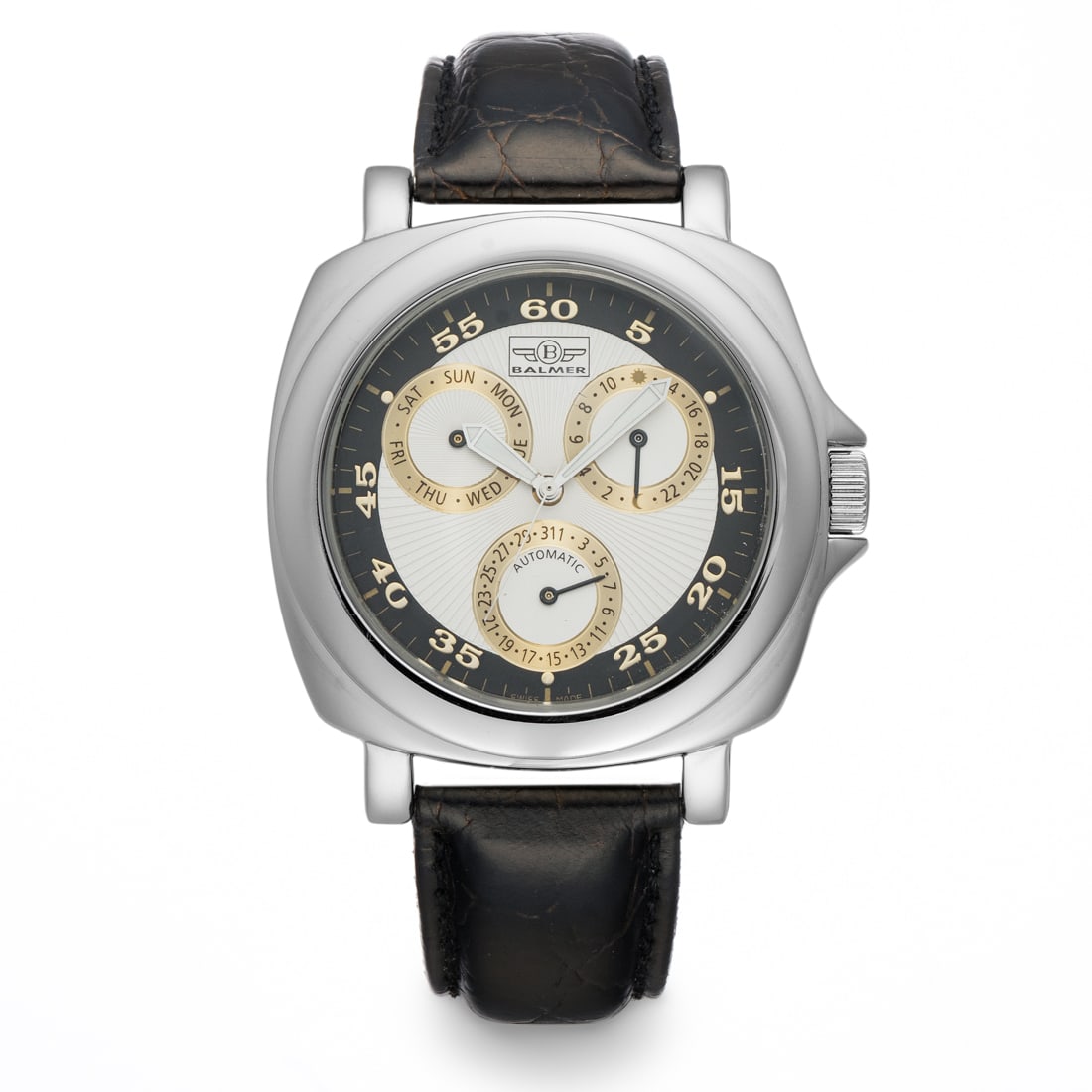 Balmer Vintage Swiss Made Complicated Automatic Watch: Pristine Balmer Swiss-Made Automatic Watch – New Old Stock with Triple Complications. We are proud to showcase a resplendent artifact of timekeeping artistry, the Balmer Swiss-Made Automatic Wat