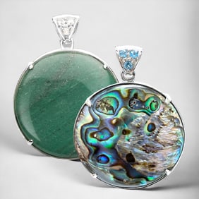 Elegant Reversible Sterling Silver Pendant with Green Adventurine on one side and Abalone on the