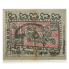 Keith Haring Marker Art on Newspaper – "Three-Eyed Smiling Creature"