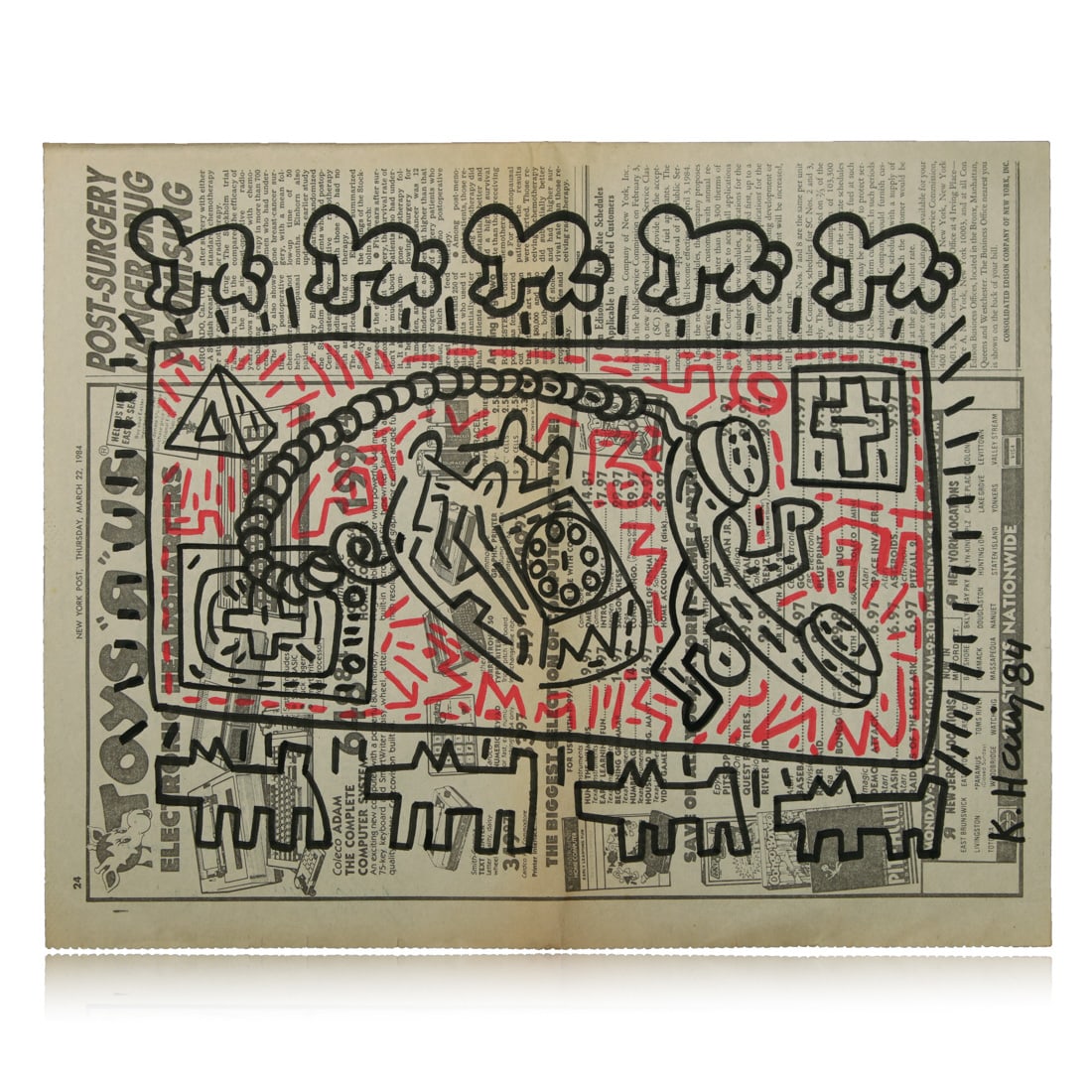Keith Haring Marker Art on Newspaper – "Three-Eyed Smiling Creature" (1 of 12)