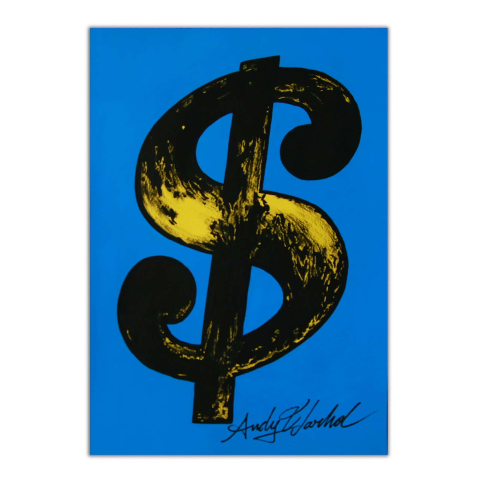 Andy Warhol "USD Symbol in Black and Yellow on a Blue Background" - In the Style of the Artist: Title: Andy Warhol "USD Symbol in Black and Yellow on a Blue Background" - In the Style of the Artist Medium: Mixed Media on Paper Dimensions: 11.5 x 8 inches Signatures and Stamps: Andy Warhol signat