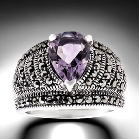 Radiant Amethyst Sterling Silver Ring wrapped in sparkling Marcastie - Size 7