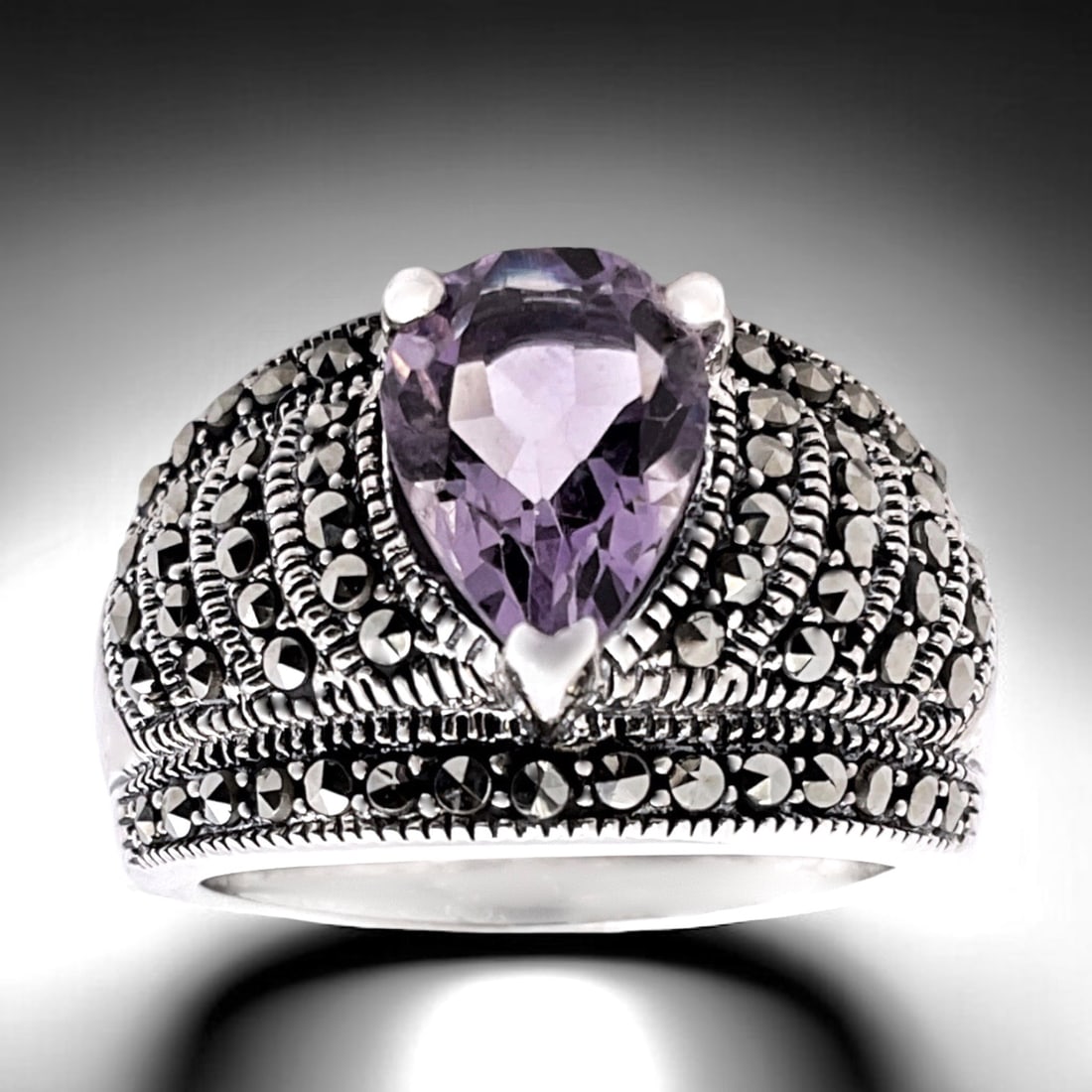 Radiant Amethyst Sterling Silver Ring wrapped in sparkling Marcastie - Size 7 (1 of 1)