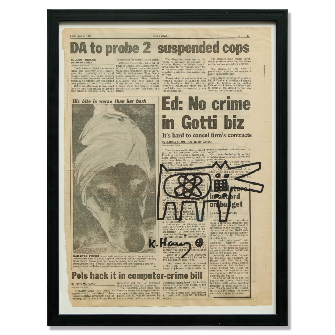 Keith Haring Original Marker Drawing on Daily News, Dated April 4, 1986 (1 of 5)