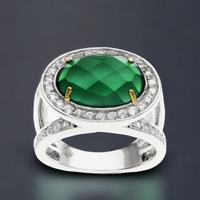 Deep Green Agate Ring wrapped in sparkling White Topaz with Golden accents - Size 6