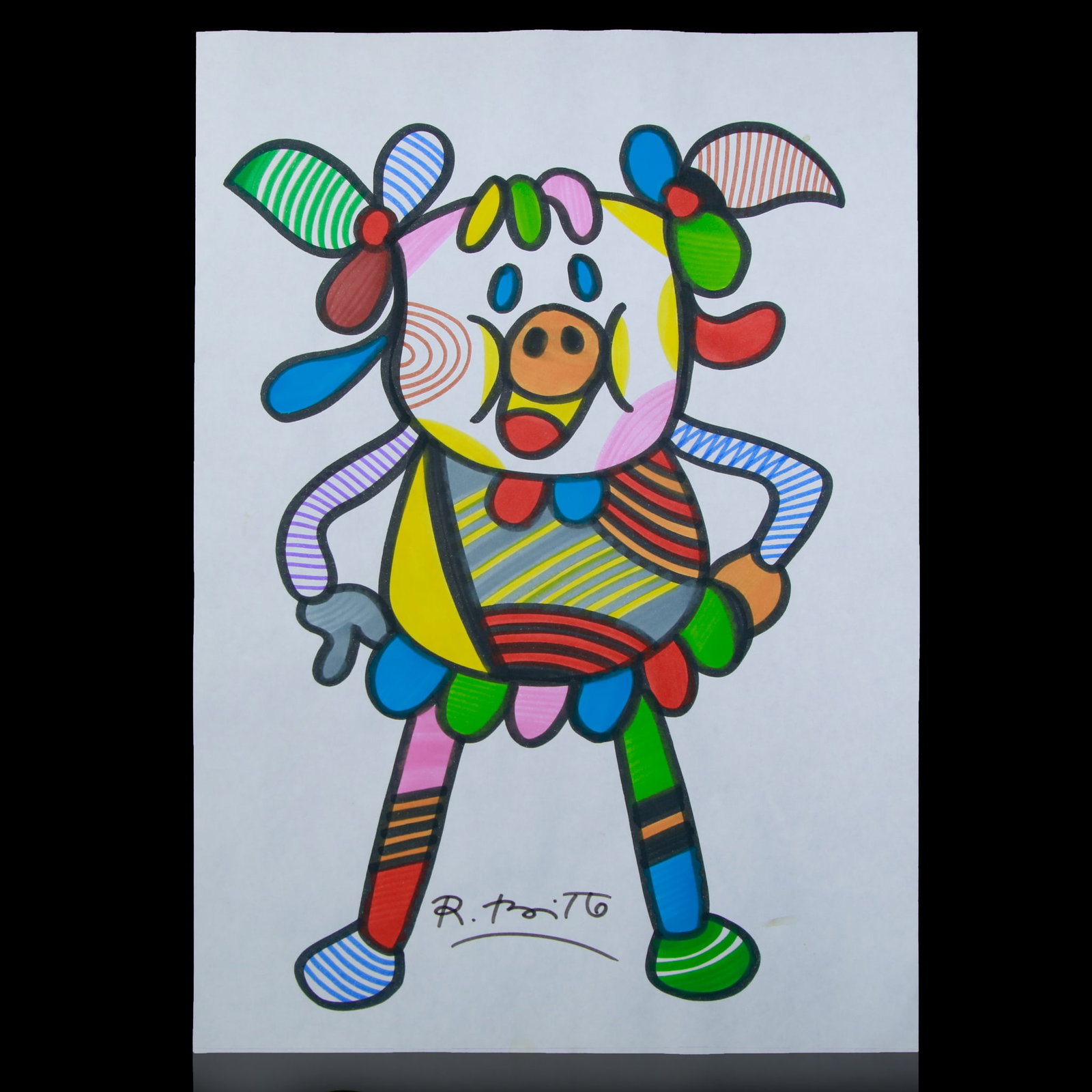 A Britto-Inspired Porcine Delight: Title: Whimsy and Color: A Britto-Inspired Porcine Delight Description: We are delighted to present an exuberant piece of marker art attributed to the celebrated contemporary artist Romero Britto. Kno