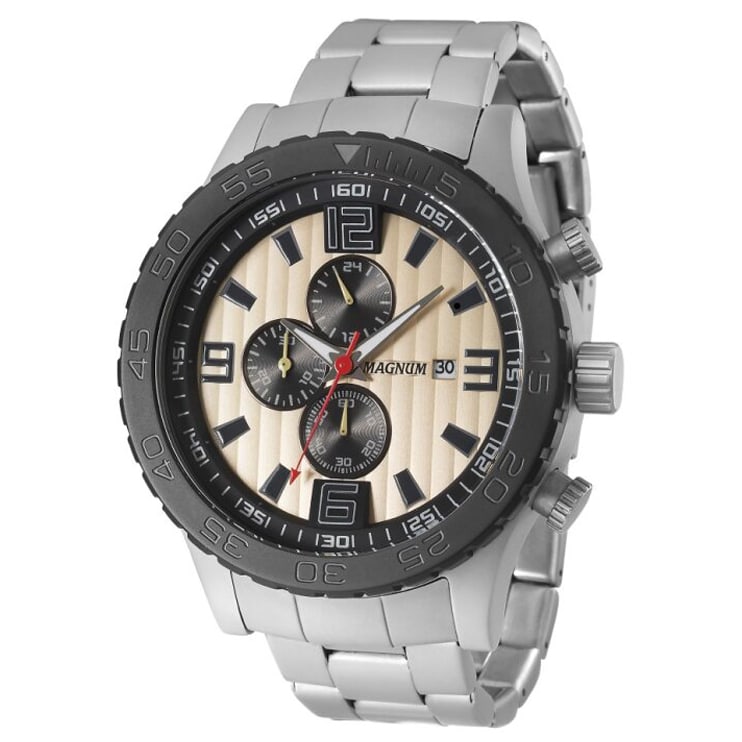 51 mm Men's Magnum Officer Quartz Watch: The Magnum Officer is a Large 51mm Chronograph Watch with a 14 mm tall case. The 41mm Dial window is surrounded by a large debossed fixed dial Dial. This is not a watch for the skinny wrist but the Go