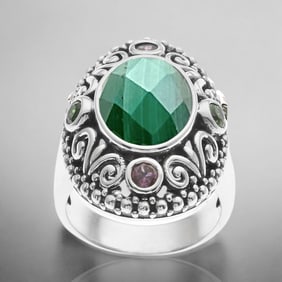 Bali design Malachite Sterling Silver Ring with Chrome Diopside & Rhodolite Garnet