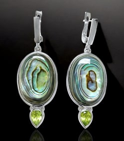 Sterling Silver Large Oval Abalone & Peridot Drop Earrings