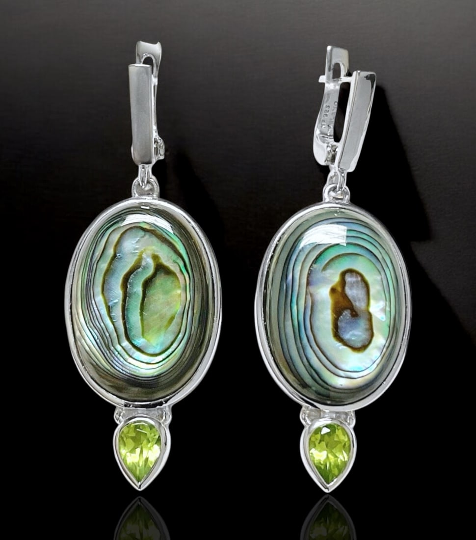 Sterling Silver Large Oval Abalone & Peridot Drop Earrings (1 of 1)