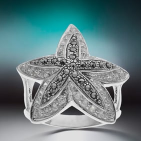 Oceanic Starfish Sterling Silver Ring with Marcasite & Simulated Diamond