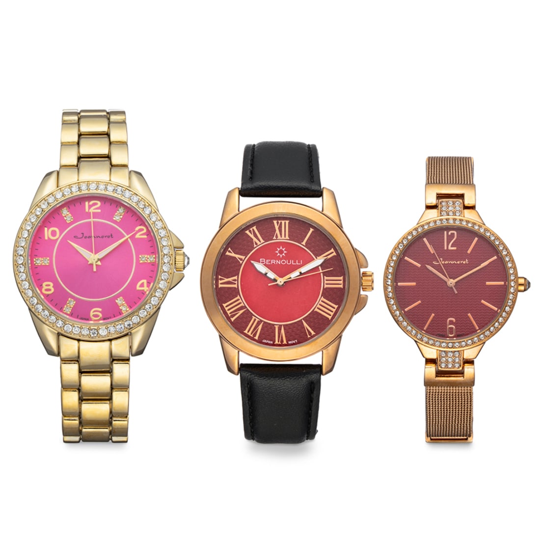 Set of 3 Watches – Jeanneret & Bernoulli Ladies Fashion Trio: This elegant 3-watch set blends refined sparkle with everyday versatility. It includes a Jeanneret goldtone bracelet watch featuring a crystal bezel and dial, a Bernoulli timepiece with a sleek goldto