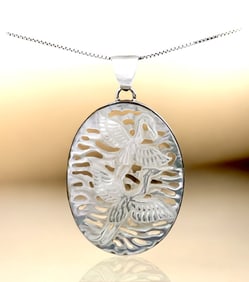 Carved Mother of Pearl Double Phoenix Bird Sterling Silver Pendant