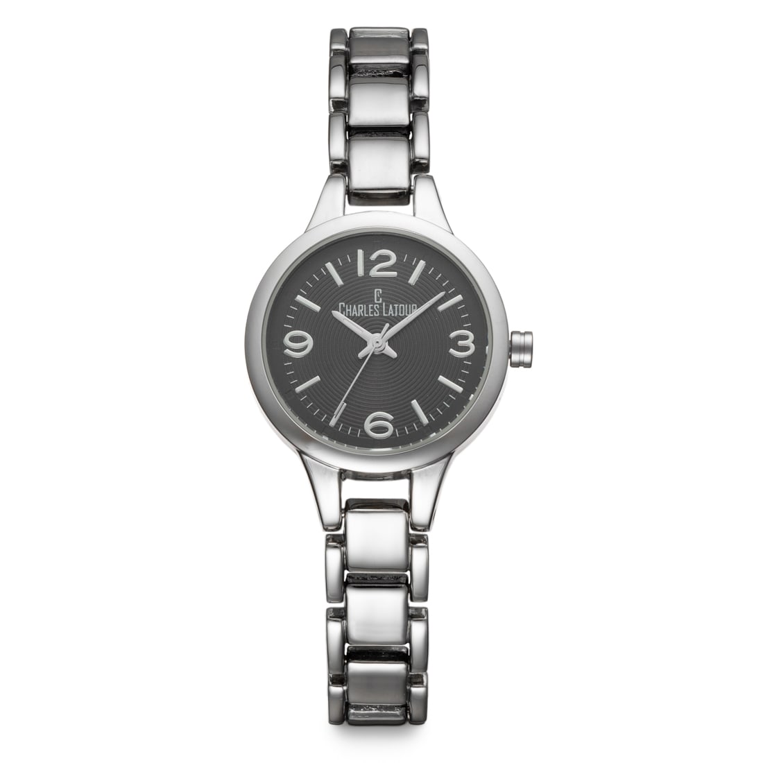 Charles Latour Ladies Watch – Sleek Everyday Style: This Charles Latour ladies watch features a 27mm case with a minimalist black dial, housed in a sleek silver-tone metal band. Powered by reliable Japan movement and water resistant up to 30 meters, it