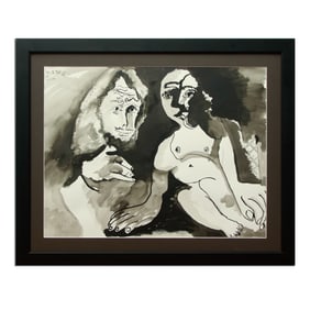 Pablo Picasso's "Man and Woman Nude" - Mixed Media Watercolor