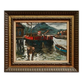 Vincent van Gogh Oil on Canvas "Harbor Scene with Boats" (attrib.)