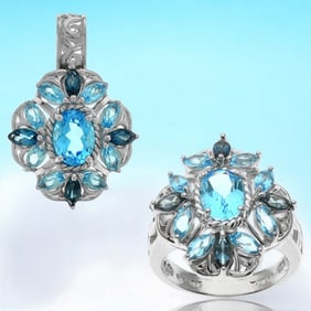 6.28 cttw Swiss Blue Topaz & London Blue Topaz matching Jewelry Set: Ring & Pendant