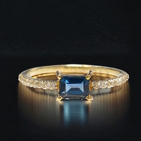 14K Gold Ring with Emerald Cut London Blue Topaz & White Topaz - Size 6.25