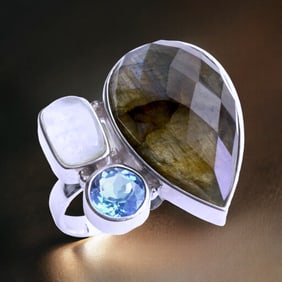 Avant Garde Design Ring with Labradorite, Rainbow Moonstone, & Swiss Blue Topaz