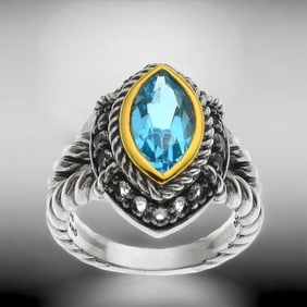 Blue Topaz Sterling Silver Ring with intricite details & White Topaz - Size 7