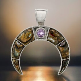 Double Horn Bronze Abalone & Amethyst Pendant