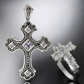 Spirtual Cross Jewelry Set with Sterling Silver Pendant & Ring - Size 7