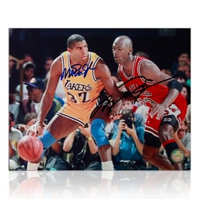 Michael Jordan & Magic Johnson Dual-Signed Lakers vs. Bulls Photograph
