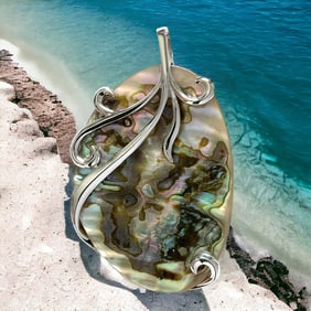 Large Abalone Pendant wrapped with a detailed Sterling Silver design