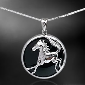 Horse Pendant on Black Jade set in Sterling Silver with 18" chain