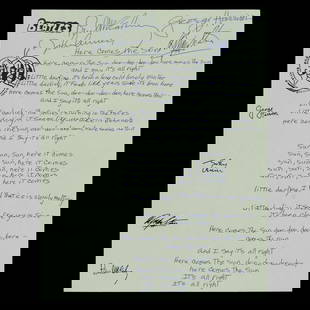 Beatles Signed Handwritten "Here Comes The Sun" Lyrics on Official HQ Stationery: Title: Iconic Beatles Artifact: Handwritten "Here Comes The Sun" Lyrics on Beatles Official HQ Stationery Description: We proudly present a remarkable piece of music history: an official Beatles
