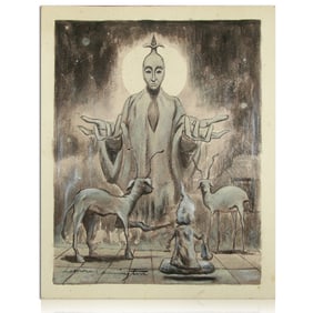 Leonora Carrington Mixed Media: Futuristic Figure with Antlered Dogs
