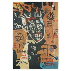 Jean-Michel Basquiat Painting on Board – African Mask with Symbolic Annotations